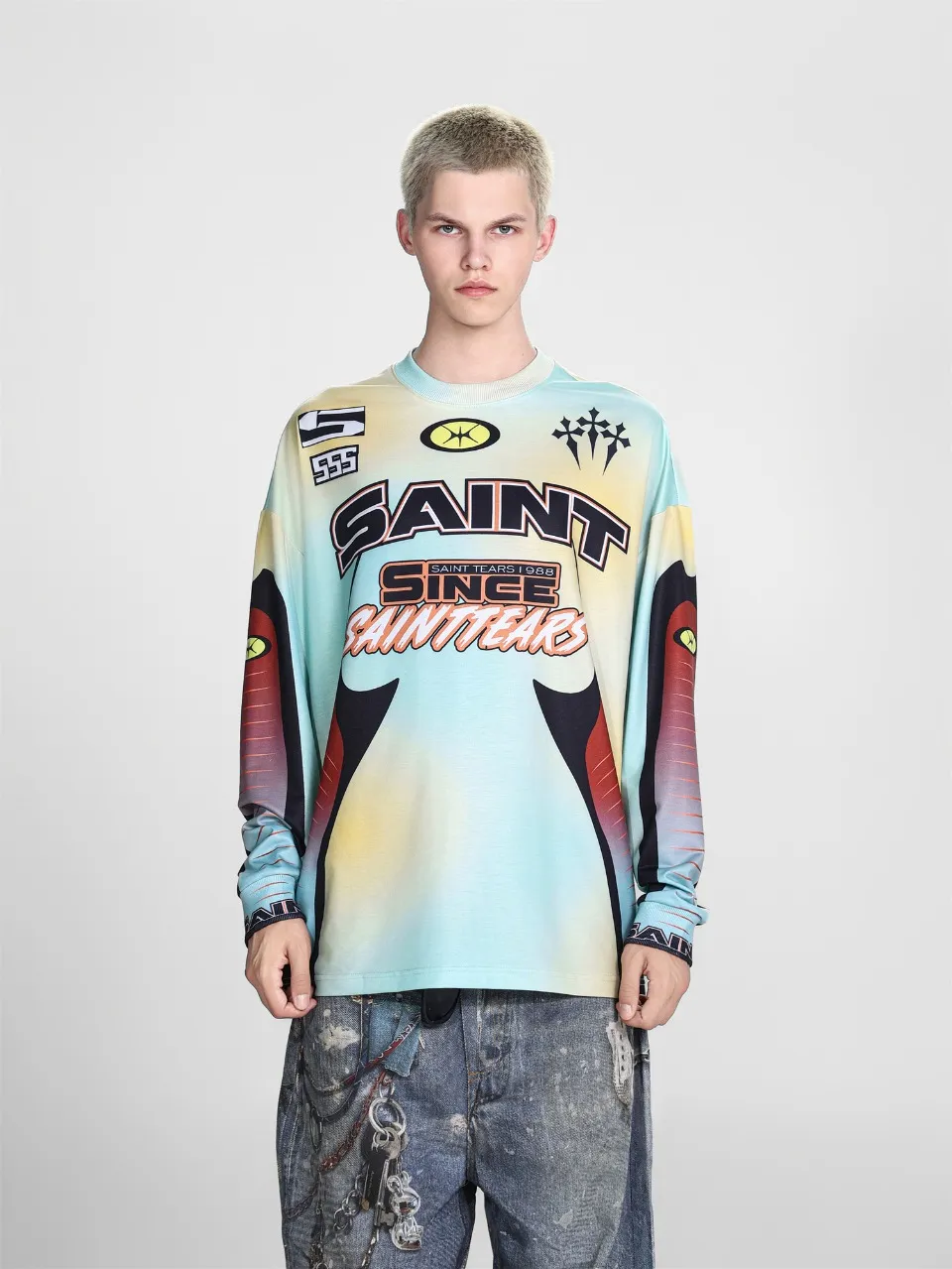Saint michael tears all-over printed long-sleeved vintage autumn and winter T-shirt Style number: 117 Size: M L XL Wholesale price: 136 Color: blue yellow